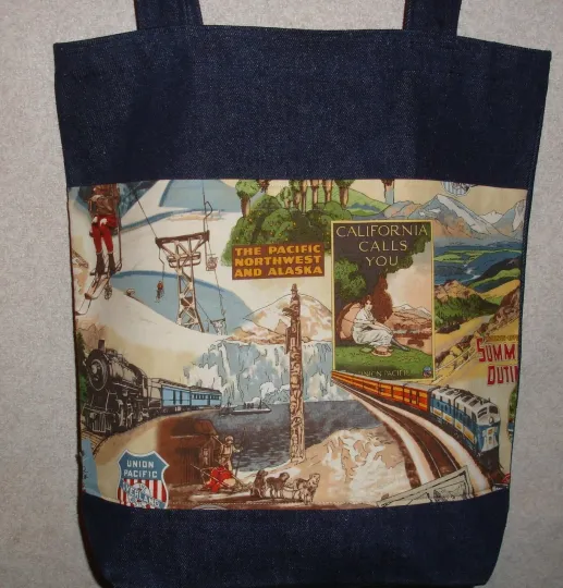 Discover NEW Handmade Large See America Trains Travel Tourism Denim Tote Bag