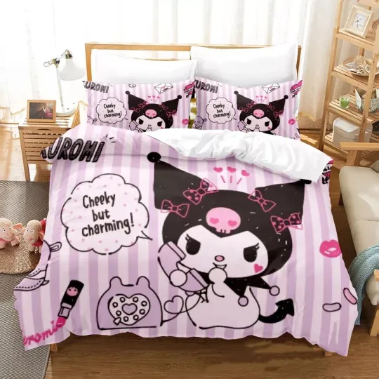Charming Kuromi Stripy Anime Bedding Set with Duvet Cover and Pillowcases