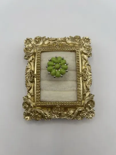 Discover Vintage Ring Green Flower Cluster Adjustable Costume Silver Tone Size 7 Floral