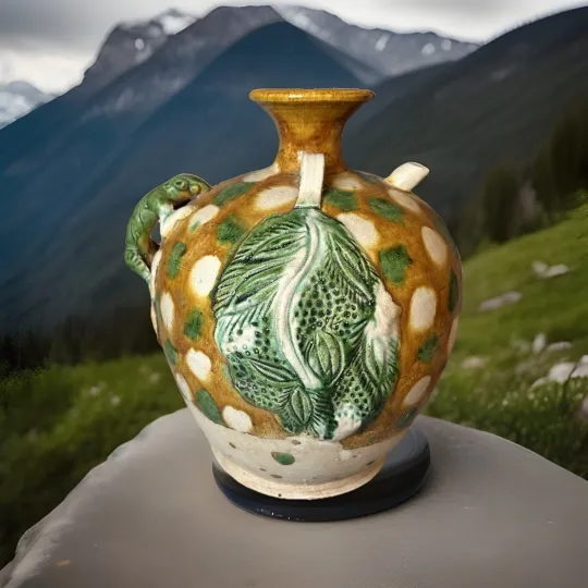 Discover Vintage Chinese Sancai Style Glazed Pottery Vase Jar Lizard Leaf 8″ Green Art