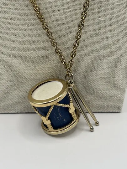 Discover Necklace Drum & Drumsticks Pendant Vintage Gold Tone Blue Drummer