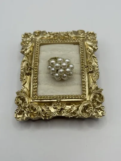 Discover Vintage Faux Pearl Beaded Stretch Ring Gold Tone Size 7 Cluster Statement MCM