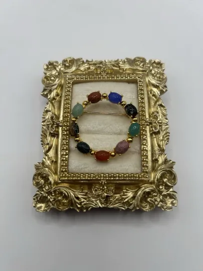 Discover Vintage Scarab Pin Brooch Gold tone Multi-colored stones Unbranded Wreath Gift