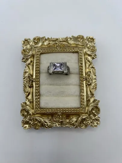 Discover Vintage Silver Tone Filigree Ring w/ Lavender Square Stone Size 7 Costume