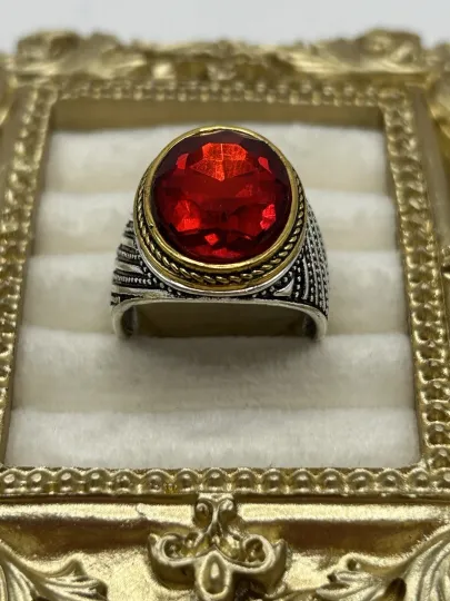 Discover Vintage Style Red Rhinestone Cocktail Ring Silver Tone Gold Accent Size 10 Gift