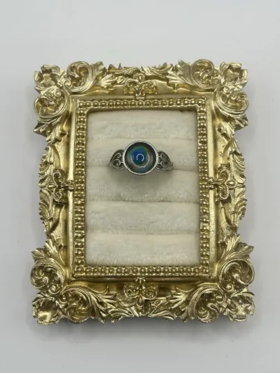 Discover Vintage Silver Tone Mood Ring Size 8.25 Color Change Cabochon Scroll Band Retro