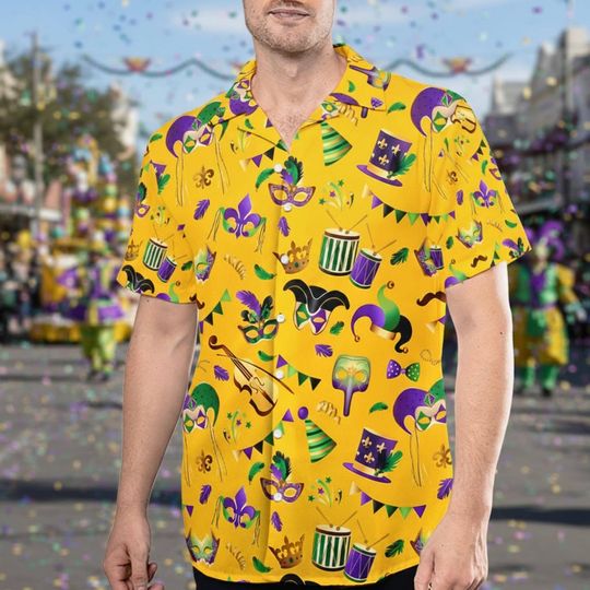 Discover Mardi Gras Hawaiian Shirt, Yellow Carnival Shirt, Music Mask Print Button-Up Shirt, Party Festival Vacation Clothing