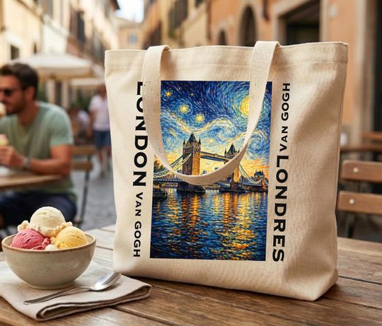 Discover London Tower Bridge Tote Bag  Van Gogh Style Art Print, Premium Canvas Shopper, Artistic London Gift, Museum Style Tote