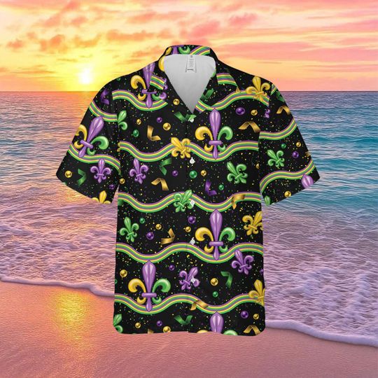 Discover Mardi Gras Hawaiian Shirt with Fleur de Lis and Beads Design for Festive Events