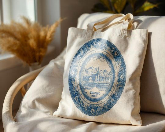 Discover Tromso Norway Tote Bag, Delft Style Personalized Destination, City Wedding Gift Souvenir Cotton
