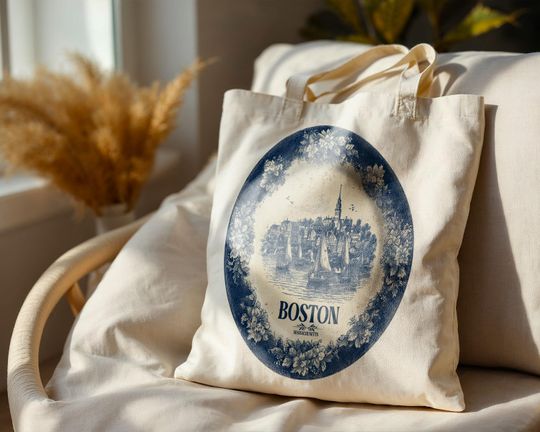 Discover Boston Massachusetts2 Tote Bag, Delft Style Personalized Destination, City Wedding Gift Souvenir Cotton