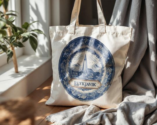 Discover Reykjavik Iceland Tote Bag, Delft Style Personalized Destination, City Wedding Gift Souvenir Cotton
