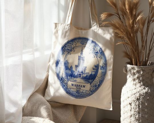 Discover Warsaw Poland Tote Bag, Delft Style Personalized Destination, City Wedding Gift Souvenir Cotton