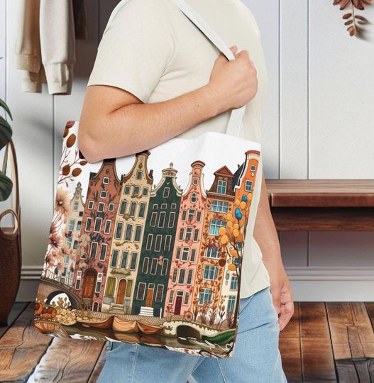 Discover Amsterdam Canal House Tote Bag, Dutch Architecture Book Bag, Shopping Bag, Shoulder Bag, Travel Tote, Reusable Grocery Bag