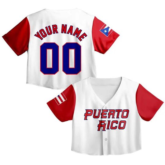 Discover Custom White Red Puerto Rico Flag Baseball Jersey Crop Top, Women's Personalized Shirt with Flag Print, Benito Bowl Shirt