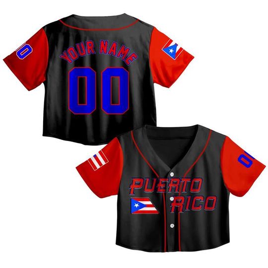 Discover Custom Black Red Puerto Rico Flag Baseball Jersey Crop Top, Women's Personalized Shirt with Flag Print, Benito Bowl Shirt