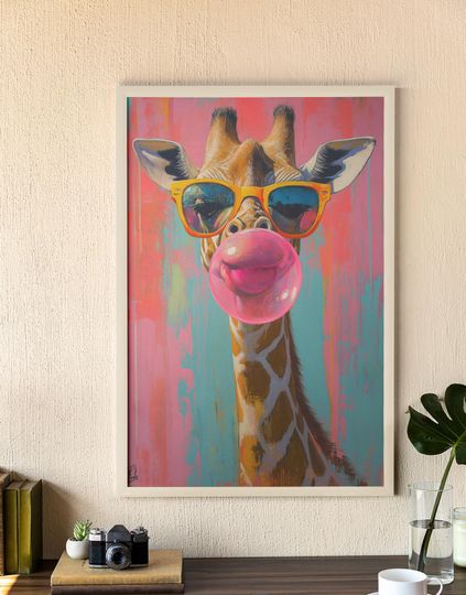 Discover Funky Giraffe Wall Art | Giraffe with Bubble Gum & Sunglasses | Colorful Pop Art Print