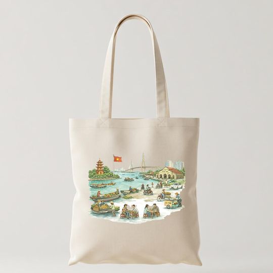 Discover Cn Th Tote Bag, Can Tho City Illustrated Canvas Bag, Vietnam City Landmark Tote, Travel Souvenir Gift, Custom City Tote