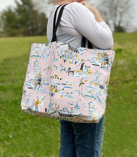 Discover Reversible Travel Tote Bag: Pink Canvas Shopper, Travel Tote, Paris Tote, Travel Bag, Travel Crossbody Bag, Airplane Tote Bag