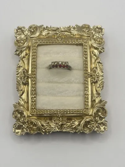 Discover Vintage Adjustable Ring Size 6.5 Red & Clear Stones Gold Tone Wear Bent Band