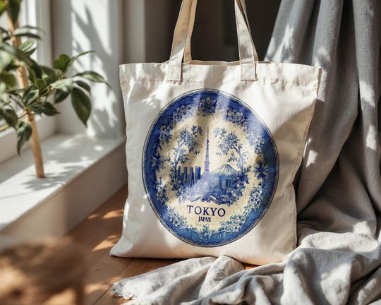 Discover Tokyo Japan Tote Bag, Delft Style Personalized Destination, City Wedding Gift Souvenir