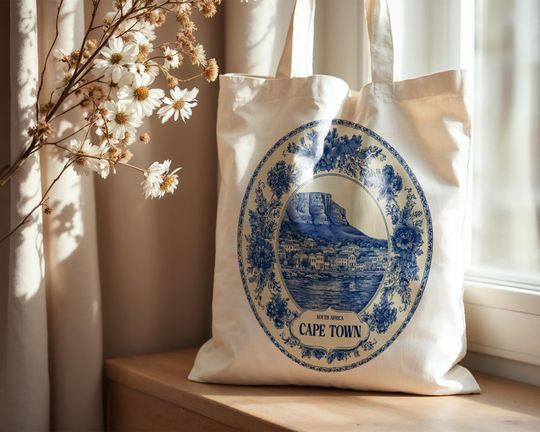 Discover Cape Town South Africa Tote Bag, Delft Style Personalized Destination, City Wedding Gift Souvenir Cotton