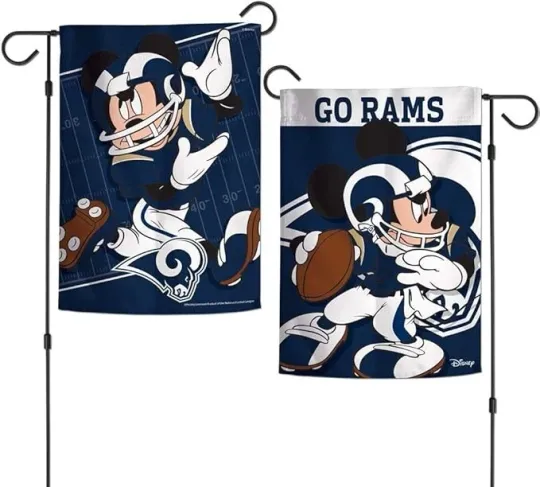 Discover football Los Angeles Rams Mickey Mouse 12x18 2 Sided Garden Flag (Pole Not Included)
