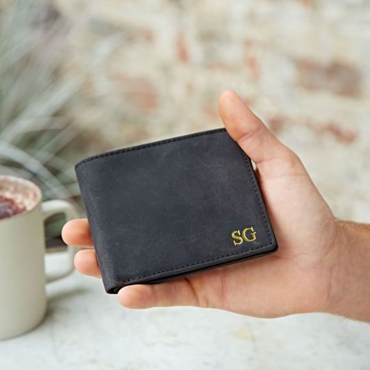 Discover Personalised Handmade Black Buffalo Leather Wallet with RFID Card and Coin Holder