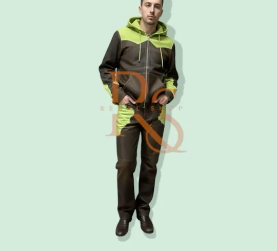 Discover Men Two-Tone Hoodie and Pants Set Casual Leather Tracksuit Outfit Green & Brown