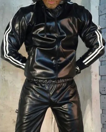 Discover Men's Jogging Trousers and Hoodie Black WS Leather Sweat Tracksuit