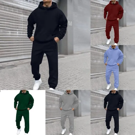 Discover Mens Casual Running Hoodie and Pants Set Solid Color Sportswear for Daily Use