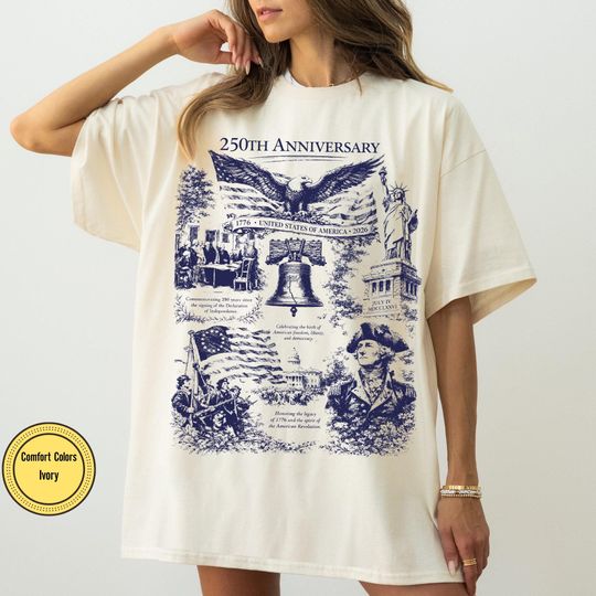 Discover 250th America Anniversary Comfort Colors Shirt, Retro US 250 Years Sweatshirt, Independence Day, Patriotic Tee with USA Flag Illustrated