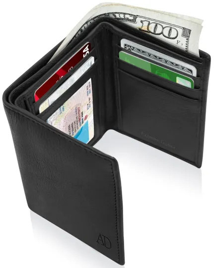 Discover Genuine Leather Mens Wallet Slim Trifold Wallets For Men With ID Window RFID