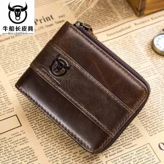 Discover RFID BULLCAPTAIN Mens Genuine Leather Zipper Around Card Slots Coin Wallet Hi-Q