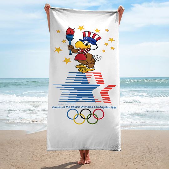 vintage Olympics beach towel 1984 Los Angeles Olympic Games USA Sam patriotic XXIII 1980 80s pool ocean vacation Franco