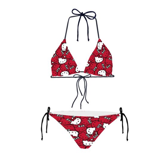 Women Hello Kitty Triangle Bikini Sets Halter Two Piece Sexy Swimsuit String Tie Side Bathing Suit