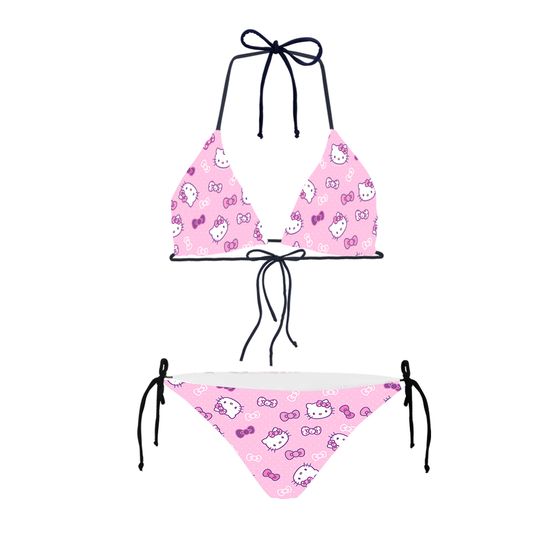 Women's Sanrio Hello Kitty Print Bikini Bathing Suit Summer Beach Halter Kitty White Swimsuit Bikinis Set