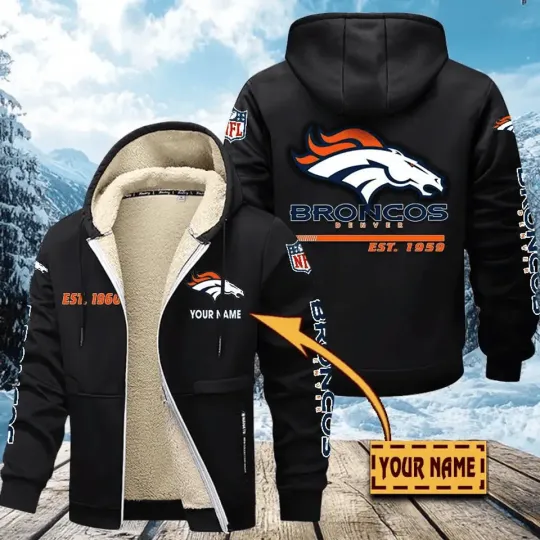 Personalized Denver Broncos Sherpa Lined Zip Hoodie, Football Fan Winter Jacket