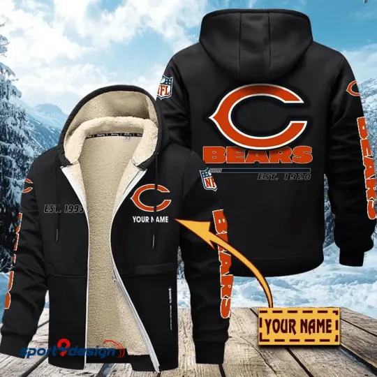 Chicago Bears Sherpa Lined Zip Hoodie, Football Fan Winter Jacket