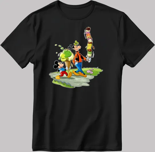 Discover Disney Goofy And Mickey Mouse Black T-Shirt, Summer Ice Cream Tee