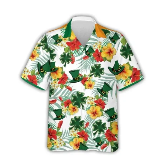 Discover St. Patrick's Day Hawaiian Shirt Men - Lucky Shamrock Leprechaun Hat Flora