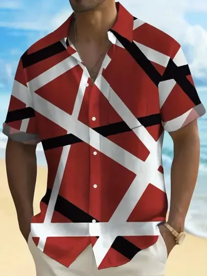 Discover Plus Size Men Red White Hawaiian Shirt Contrast Color Stripes Print Big & Tall
