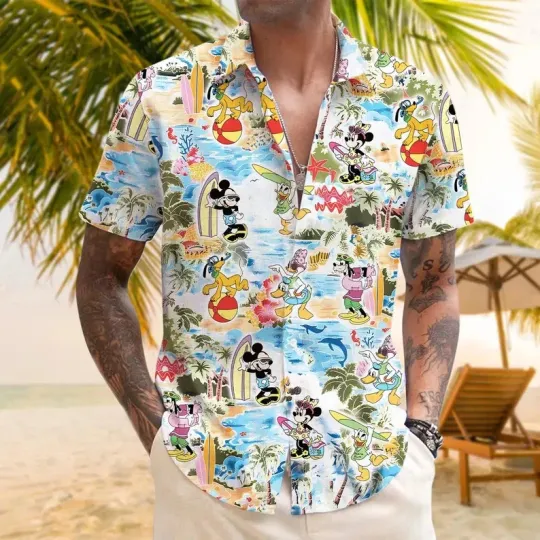 Discover Disney Beach Mickey Mouse Button Up Hawaiian Shirt