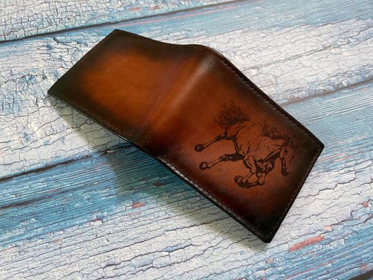 Discover Racing Horse Landscape Leather Wallet: Handmade Trifold Bifold Wallet, Patina dying