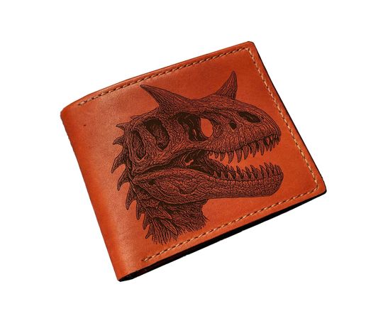 Discover Carnotaurus Skull Fossil Leather Wallet: Handmade Dinosaur Skeleton Bifold Trifold T-rex with horns