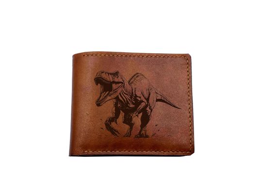 Discover Handmade T-Rex Leather Wallet, Dinosaur Art Bifold Trifold Gift