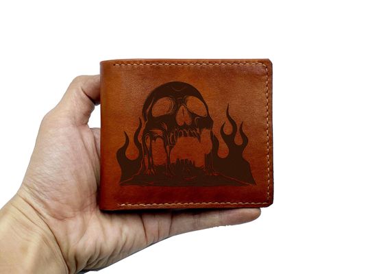 Discover Hell Fire Skull Cowhide Leather Wallet Trifold & Bifold Men’s Wallets with Skeleton & Anatomy Design