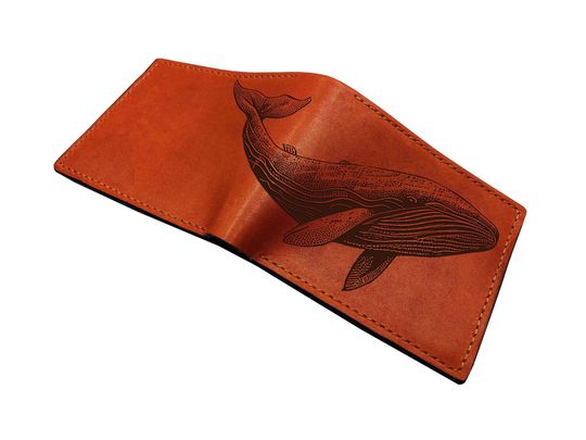 Whale Draw Cowhide Leather Wallet Unisex Bifold Ocean Themed Gift