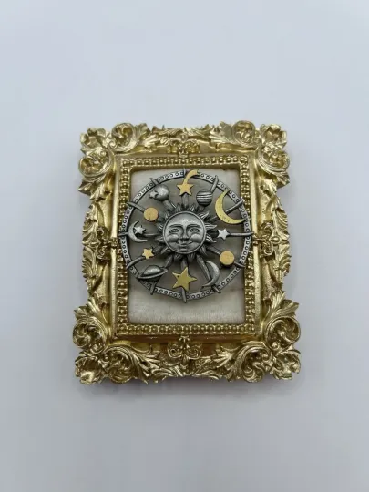 Discover Vintage Signed J.J Pewter Celestial Pin Sun Face Moon Stars Round Mixed Metal 2"