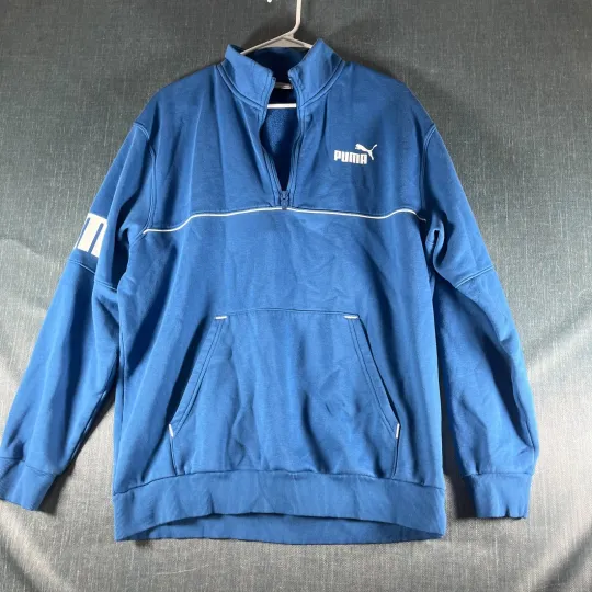 Discover Puma Men’s Sweatshirt SizeL Blue 1/4Zip Pullover Long Sleeve Stand Collar Cotton